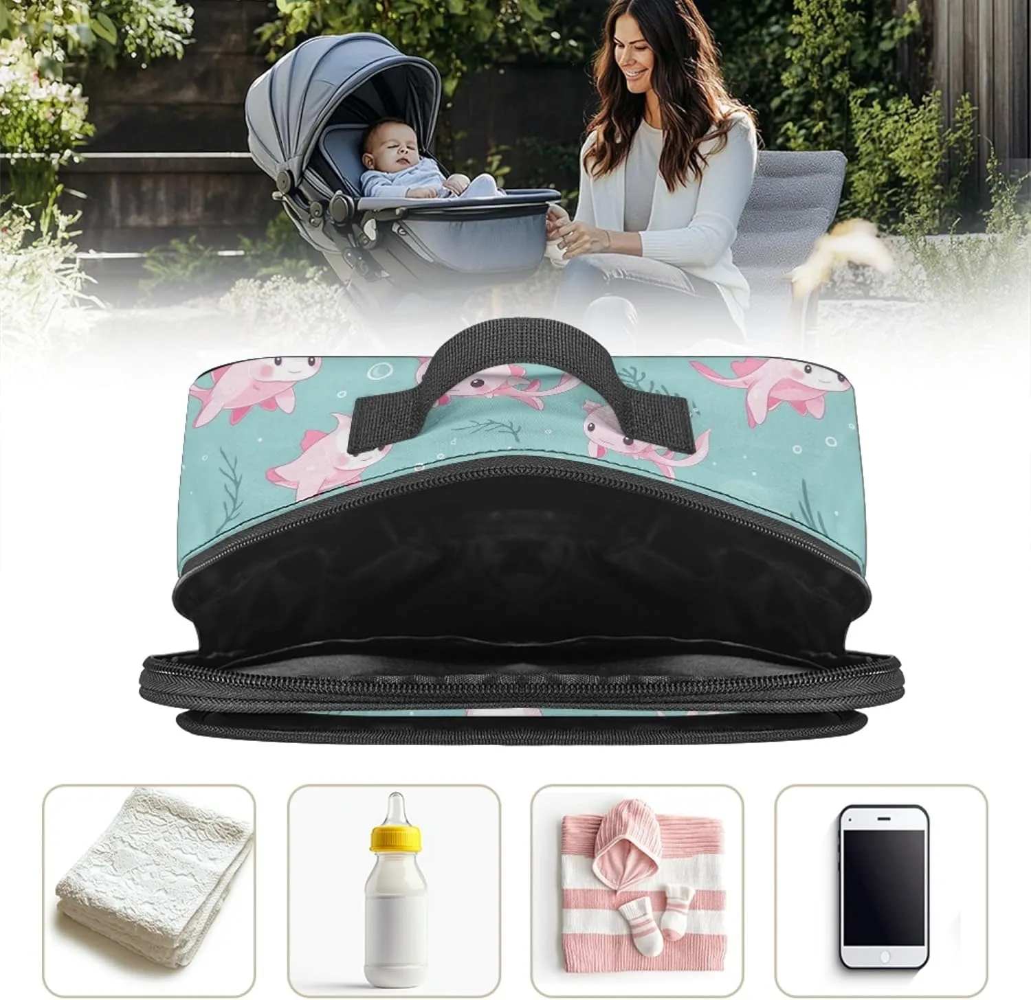 Axolotl Mini Small Diaper Bag Small Stroller Diaper Bag with Adjustable Straps Outdoor Stroller Diaper Bag Lightweight Mini Diaper Bag Crossbody