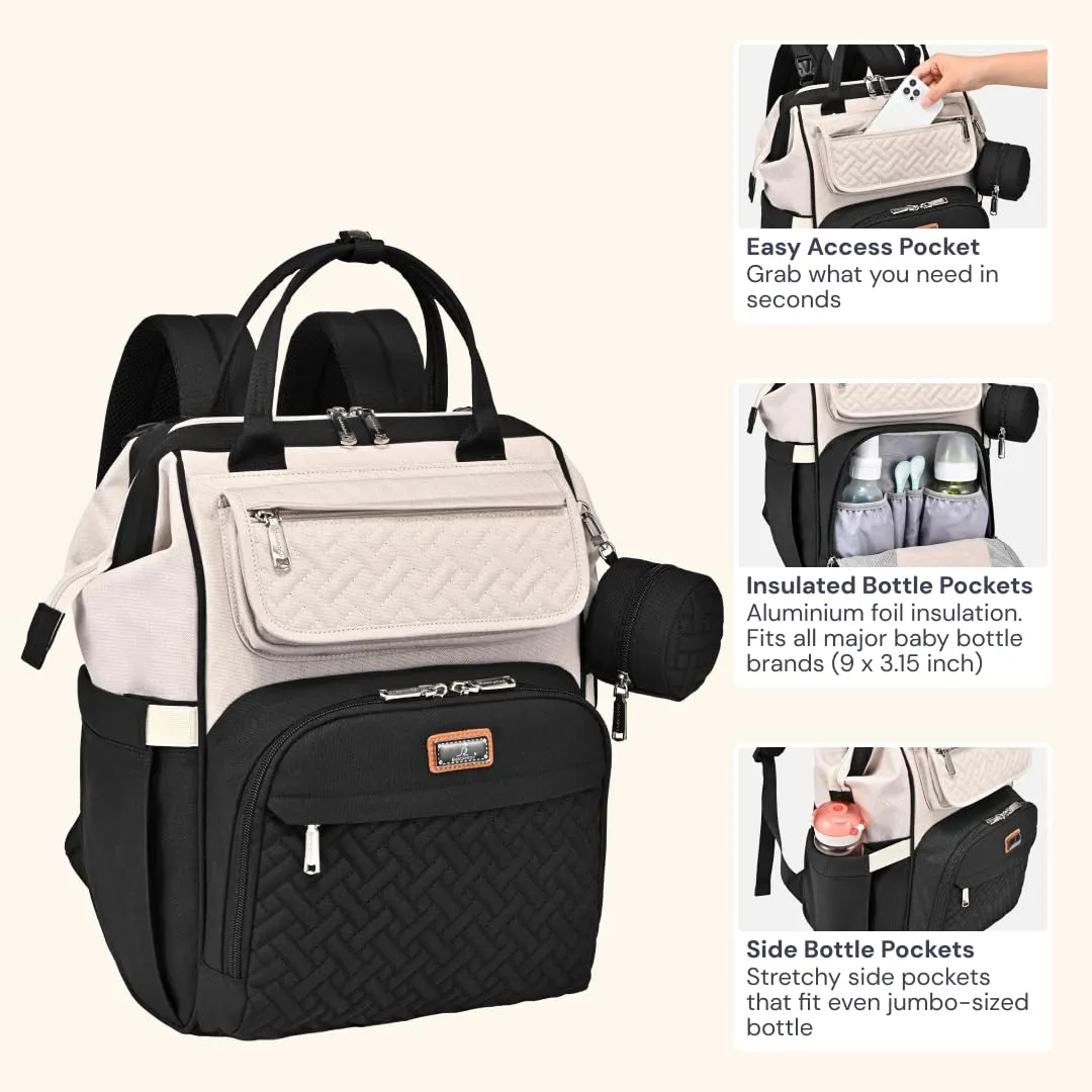 BabbleRoo Diaper Bag Backpack, Multifunction Nappy Changing Bag with Changing Pad, Stroller Straps & Pacifier Case, Unisex Stylish Travel Back Pack for Moms & Dads – Apricot & Black