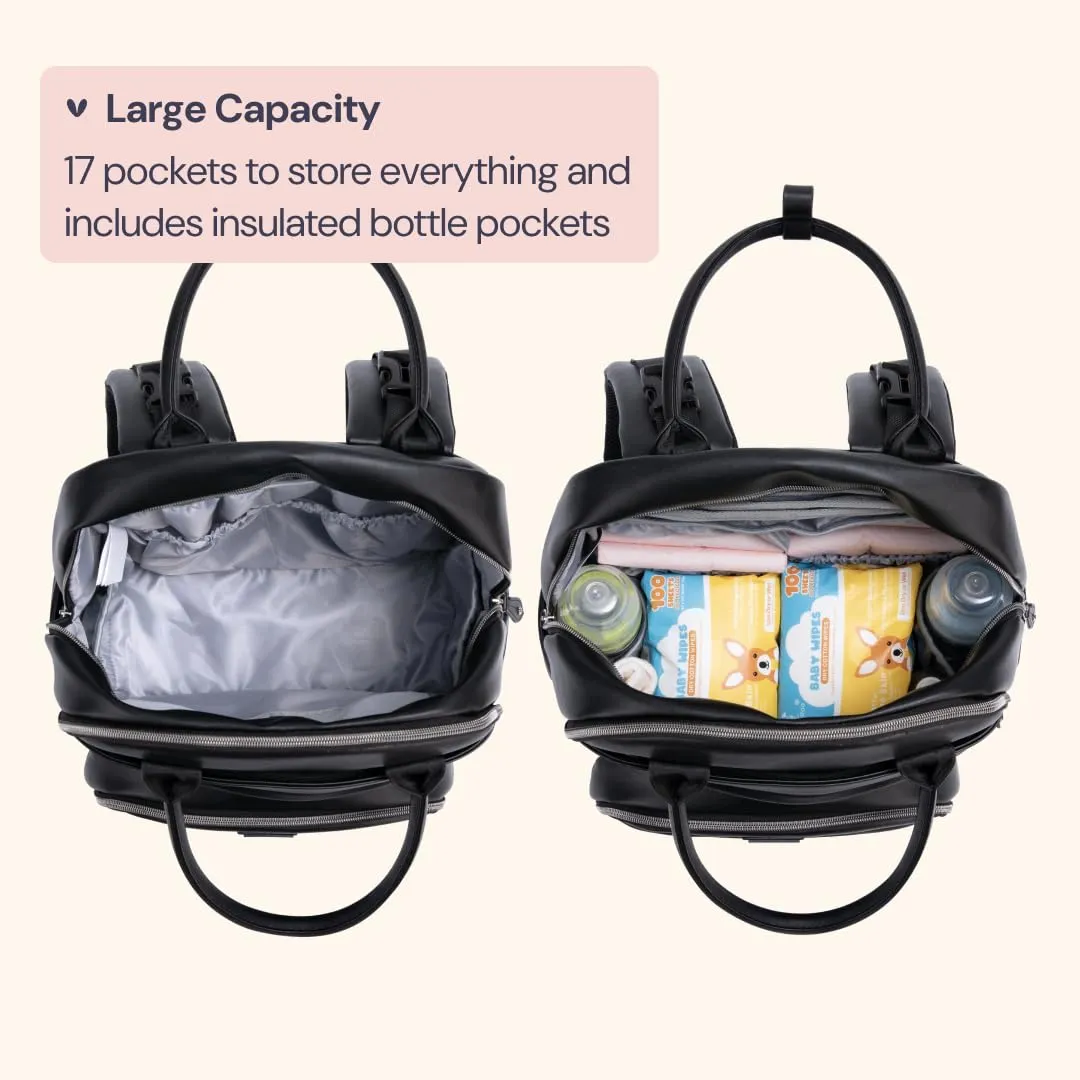 BabbleRoo Leather Diaper Bag Backpack - Baby Essentials Travel Baby Bag, Multi function, with Changing Pad, Stroller Straps & Pacifier Case – Unisex, Black