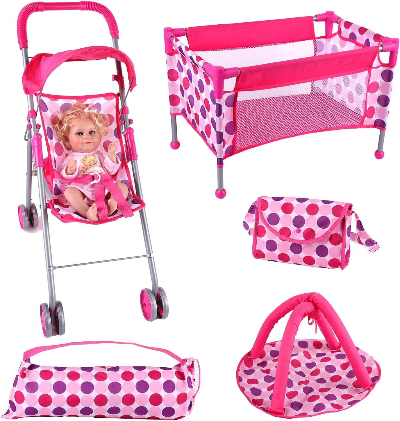 BABESIDE 5 Pcs Reborn Baby Doll Accessories for 12-20 Inch Baby Dolls Play Set with Baby Doll Stroller, Baby Doll Crib, Play Mat, Diaper Bag, Activity Mat
