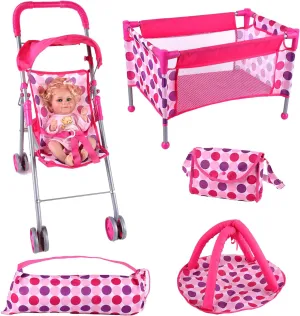 BABESIDE 5 Pcs Reborn Baby Doll Accessories for 12-20 Inch Baby Dolls Play Set with Baby Doll Stroller, Baby Doll Crib, Play Mat, Diaper Bag, Activity Mat
