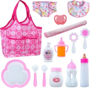 BABESIDE Baby Doll Bottles and Accessories 15 Pcs Baby Doll Feeding Set Including Diaper Bag, Magic Bottles, Changing Mat for 12-15 Inches Dolls Kids Pretend Play Bath Toy Set