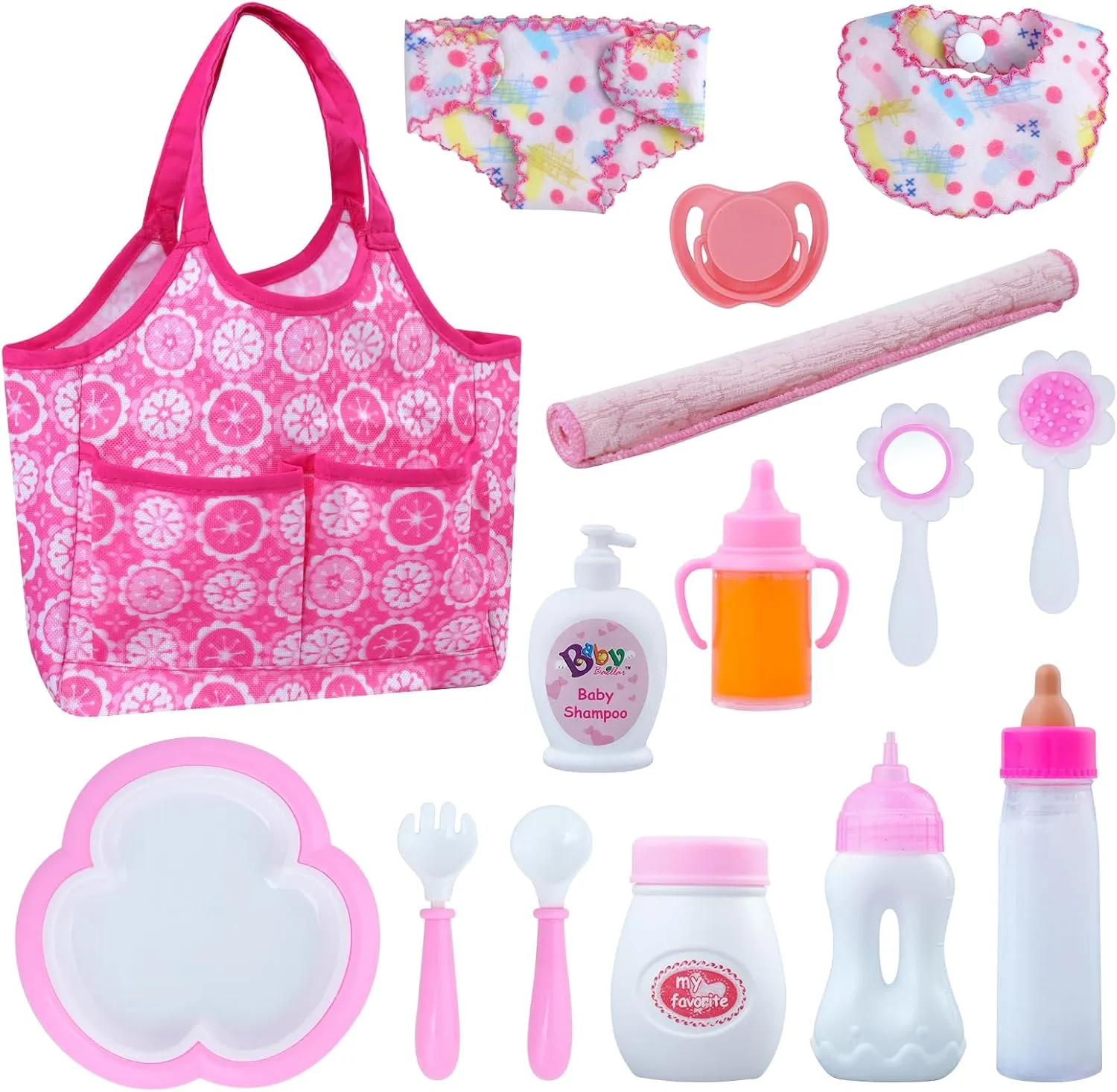 BABESIDE Baby Doll Bottles and Accessories 15 Pcs Baby Doll Feeding Set Including Diaper Bag, Magic Bottles, Changing Mat for 12-15 Inches Dolls Kids Pretend Play Bath Toy Set