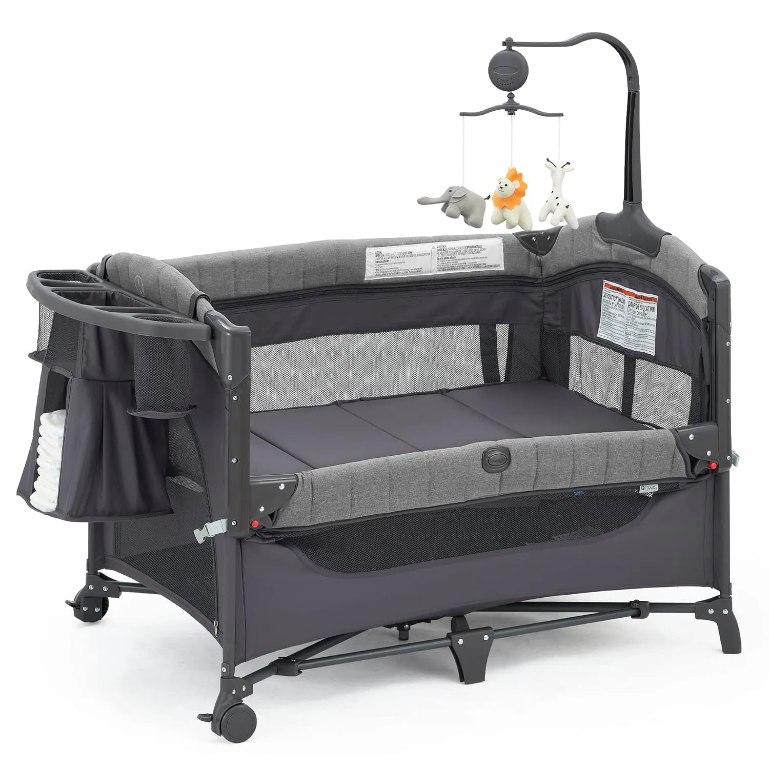 Baby Bedside Bassinet Sleeper,5-in-1 Pack and Play with Full-Size Bassinet,Baby Playard with Changing Table,Storage Shelf,Music Mobile with Soft Toys for Newborn to Toddlers (Grey)