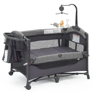 Baby Bedside Bassinet Sleeper,5-in-1 Pack and Play with Full-Size Bassinet,Baby Playard with Changing Table,Storage Shelf,Music Mobile with Soft Toys for Newborn to Toddlers (Grey)