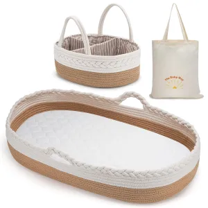 Baby Changing Basket by The Baby Wey, Moses Basket, Foam Basket Pad, 2 Washable Waterproof Pad Covers, Matching Diaper Caddy, Cloth Tote Bag for Traveling, Portable Changing Pad