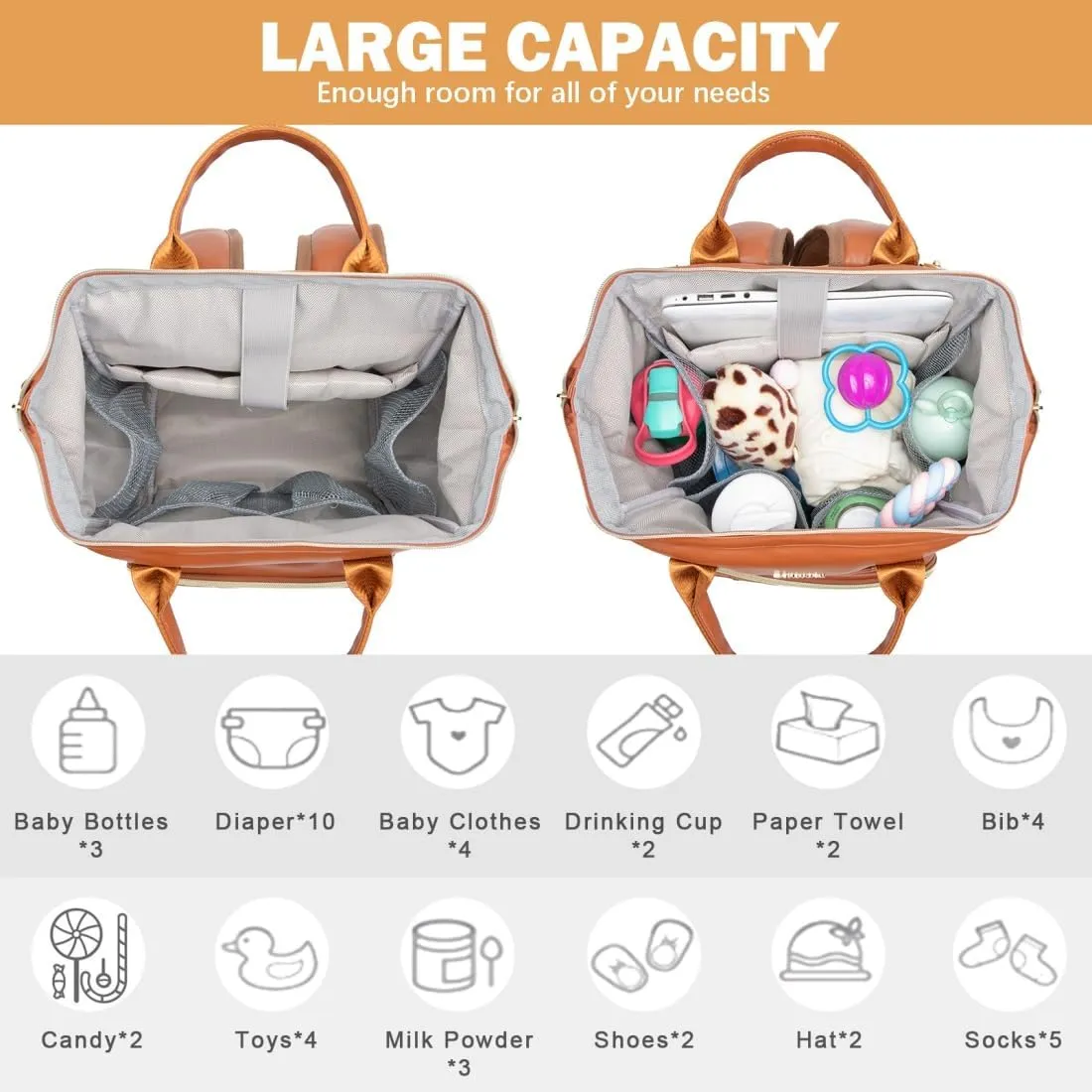 Baby Diaper Bag Backpack, Vegan Leather Diaper Backpack with Laptop Compartment 15.6 inch, Baby Bag Large Capacity, Waterproof Travel Backpack(Brown)