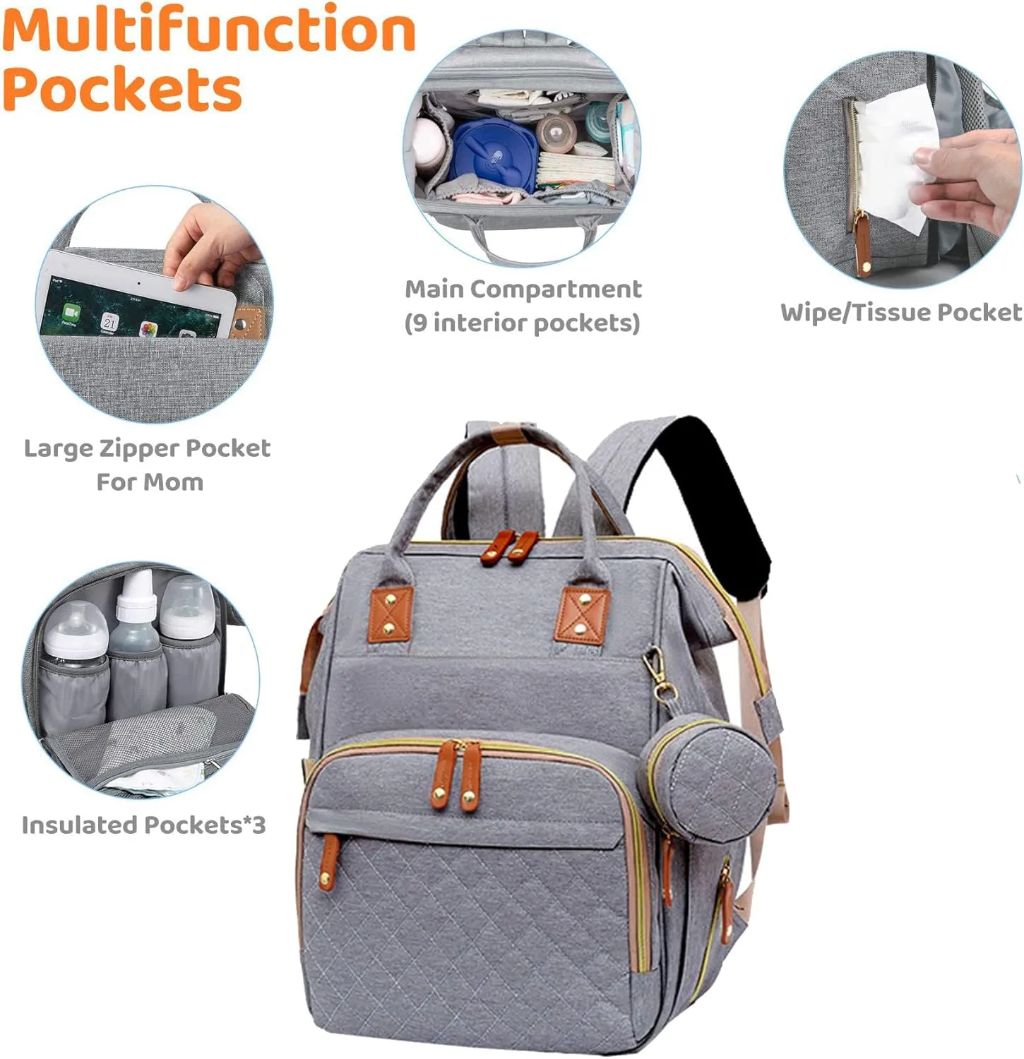 Baby Diaper Bag Backpack with Changing Pads Mommy Bags Boys Girl Unisex Multifunction Travel Baby Stroller Large Capacity(3037-Grey)