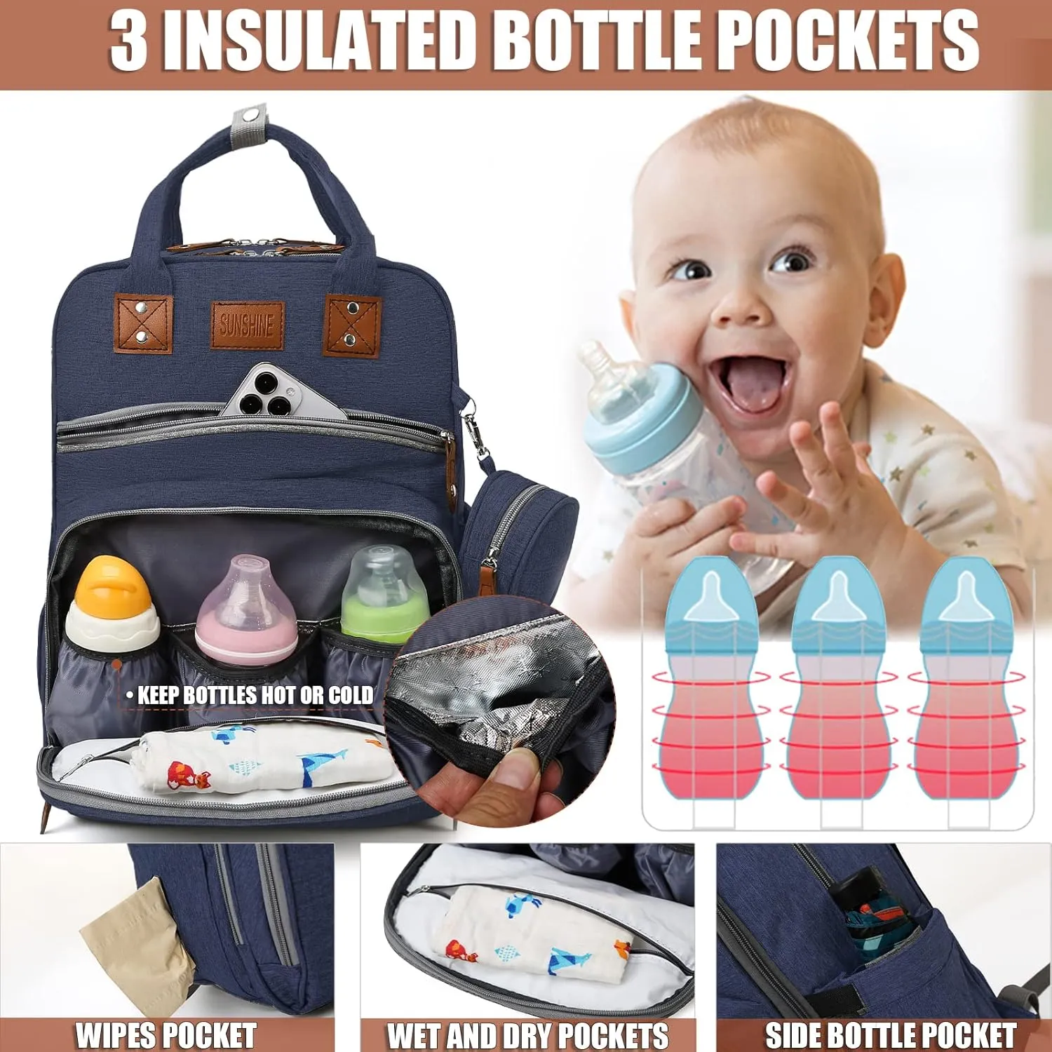 Baby Diaper Bag Backpack with Changing Station, best baby registry shower gifts, Baby Diaper Bags for Men and Women，Essential Gifts for New Parents of Babies（Dark Blue）