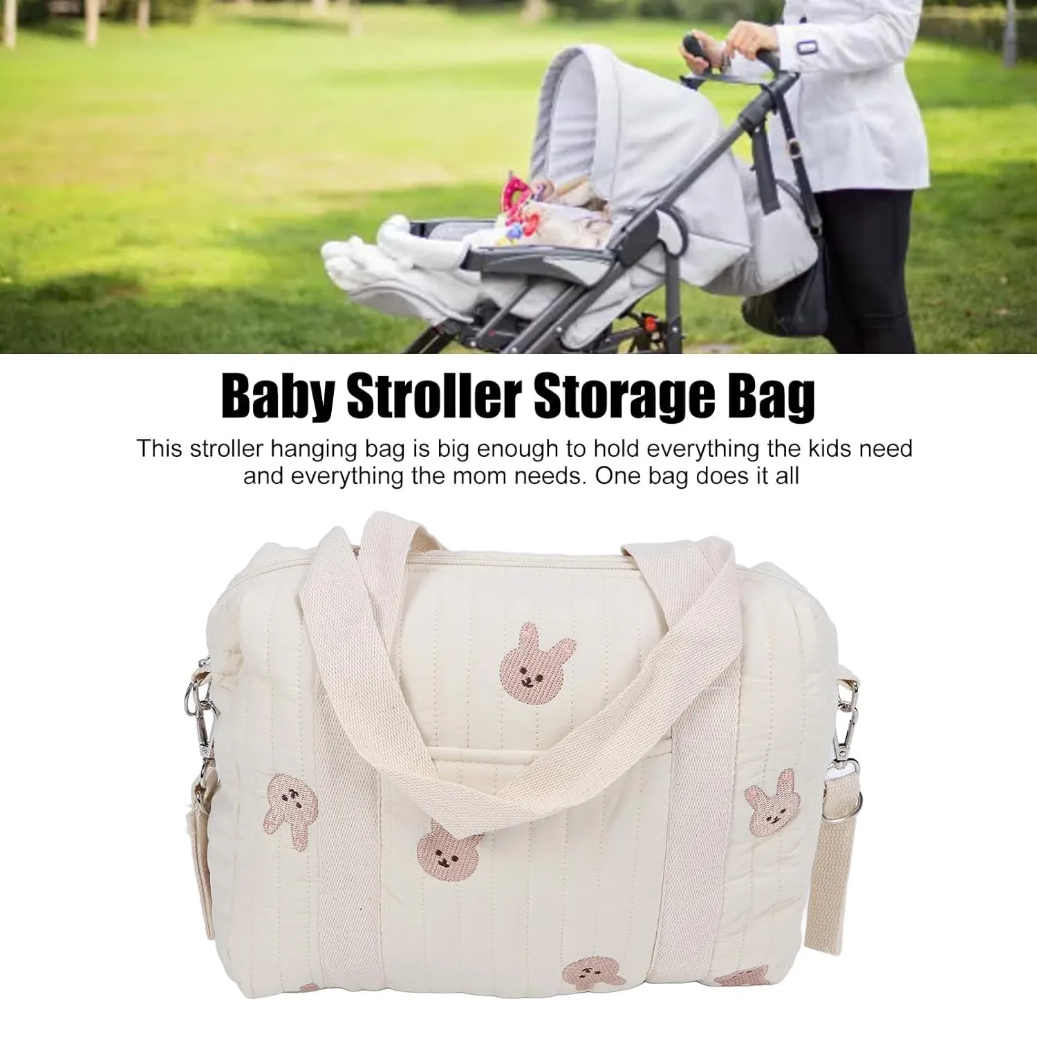 Baby Diaper Bag Tote, Stroller Organizers Bag Nursery Storage Bin for Wipes and Toys Universal Stroller Organizer Diaper Tote Bag Handbag Travel Baby Bag for Mom and Dad(Rabbit)