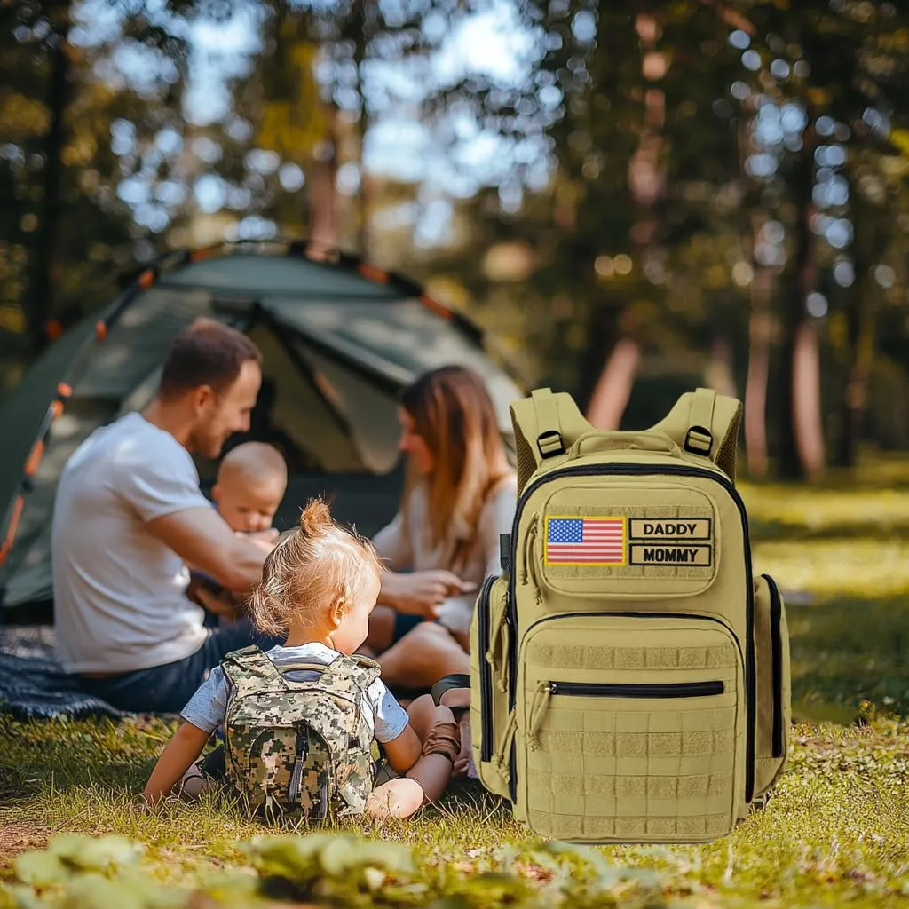 Baby Diaper Bag with Changing Pad - Large Military Daddy Gear Backpack for Hiking Travel Camping -Army Style for Men Active Dad Tan