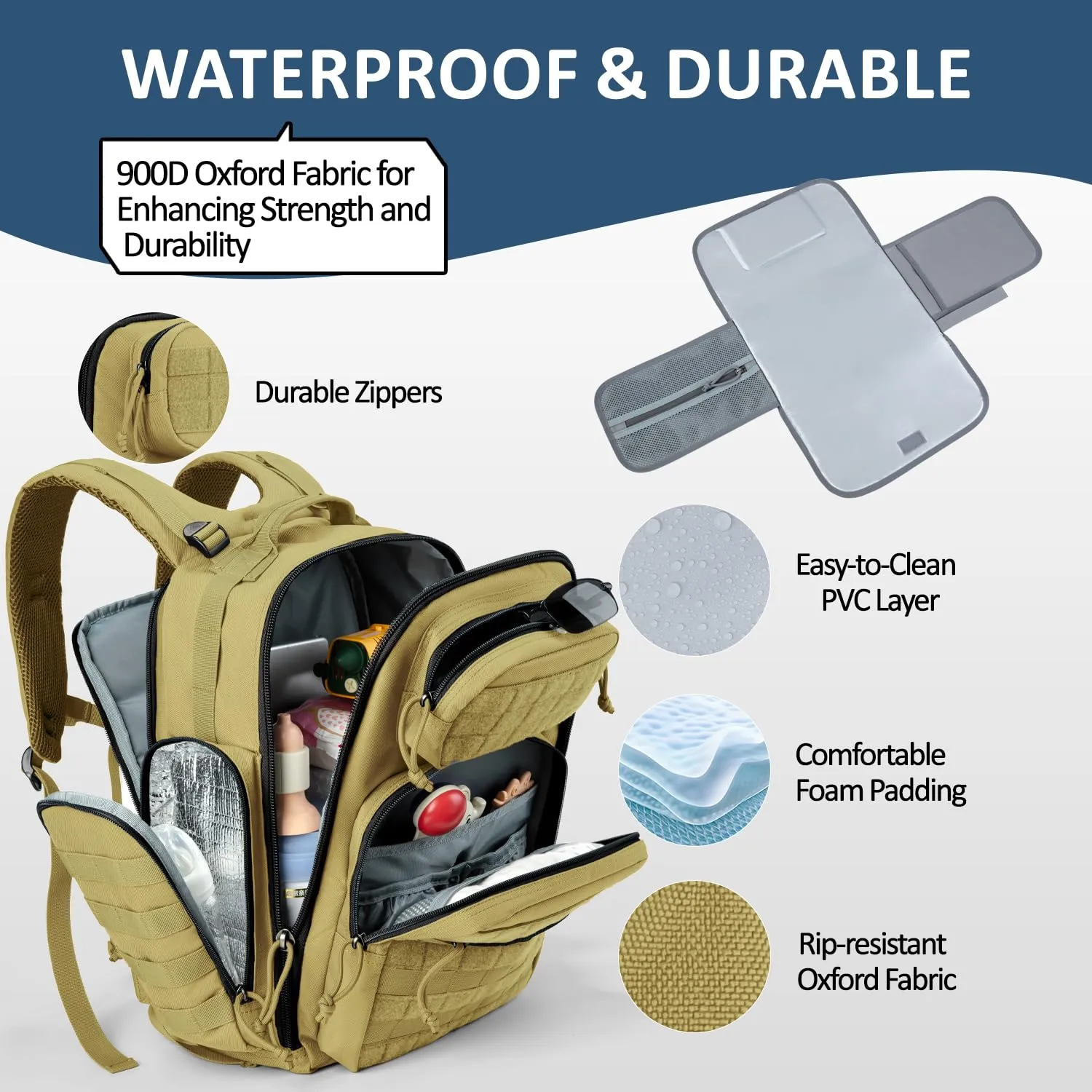 Baby Diaper Bag with Changing Pad - Large Military Daddy Gear Backpack for Hiking Travel Camping -Army Style for Men Active Dad Tan