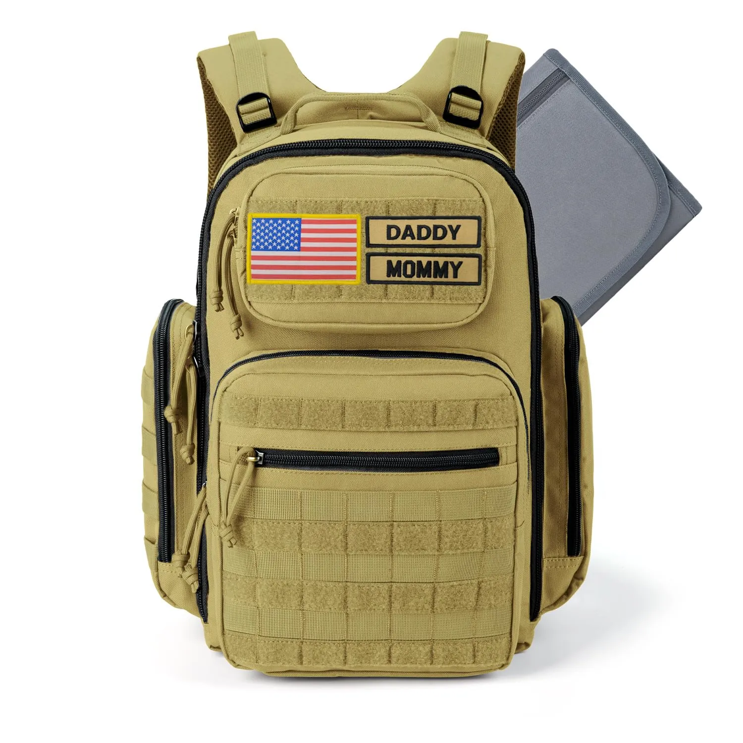 Baby Diaper Bag with Changing Pad - Large Military Daddy Gear Backpack for Hiking Travel Camping -Army Style for Men Active Dad Tan
