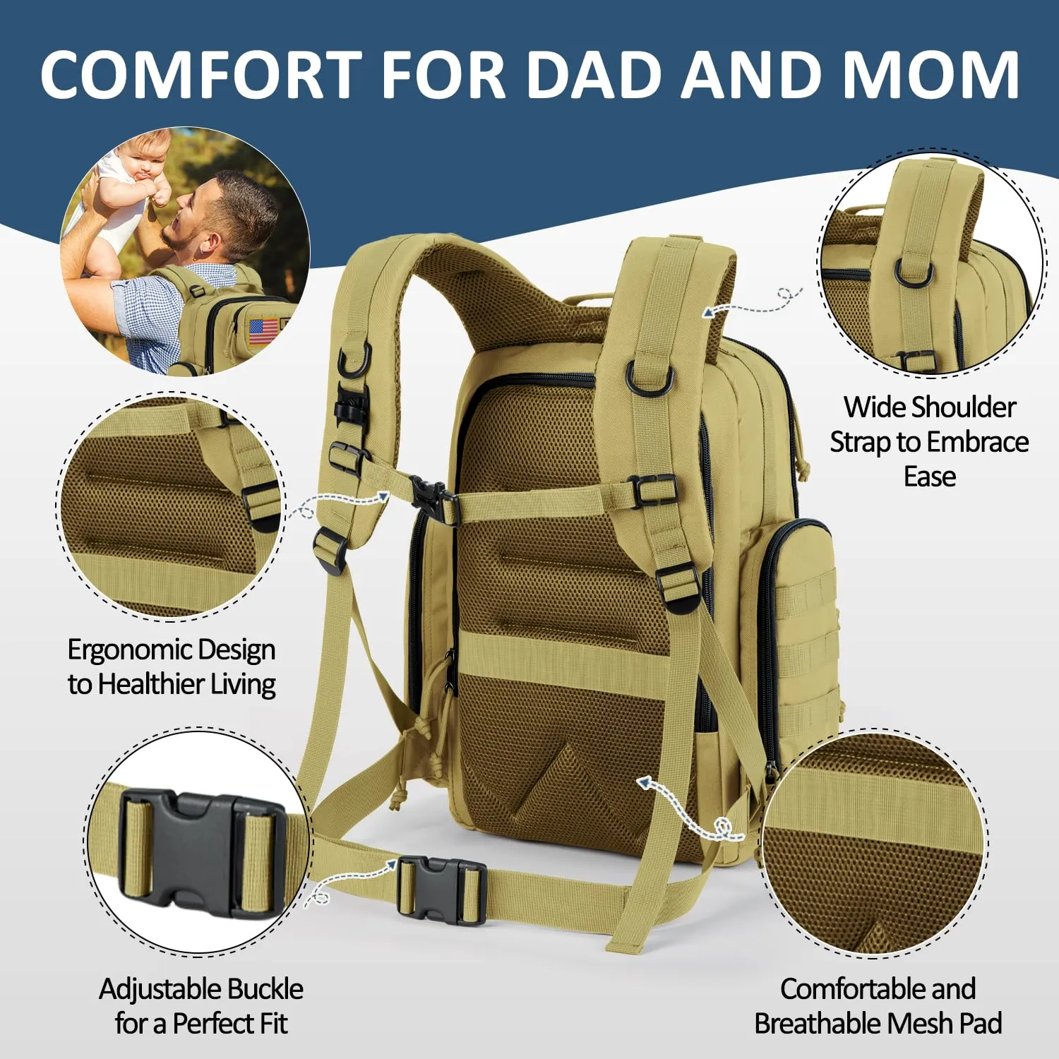 Baby Diaper Bag with Changing Pad - Large Military Daddy Gear Backpack for Hiking Travel Camping -Army Style for Men Active Dad Tan