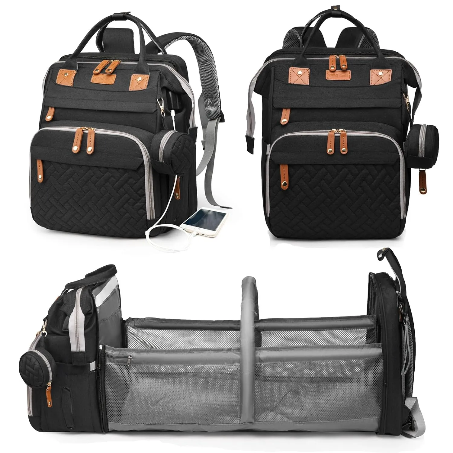 Baby Diaper Bags with Changing Station, Waterproof Diaper Bag Backpack for Moms Dads with USB Charging Port, Baby Shower Gifts, Large Capacity diaper backpack, Black
