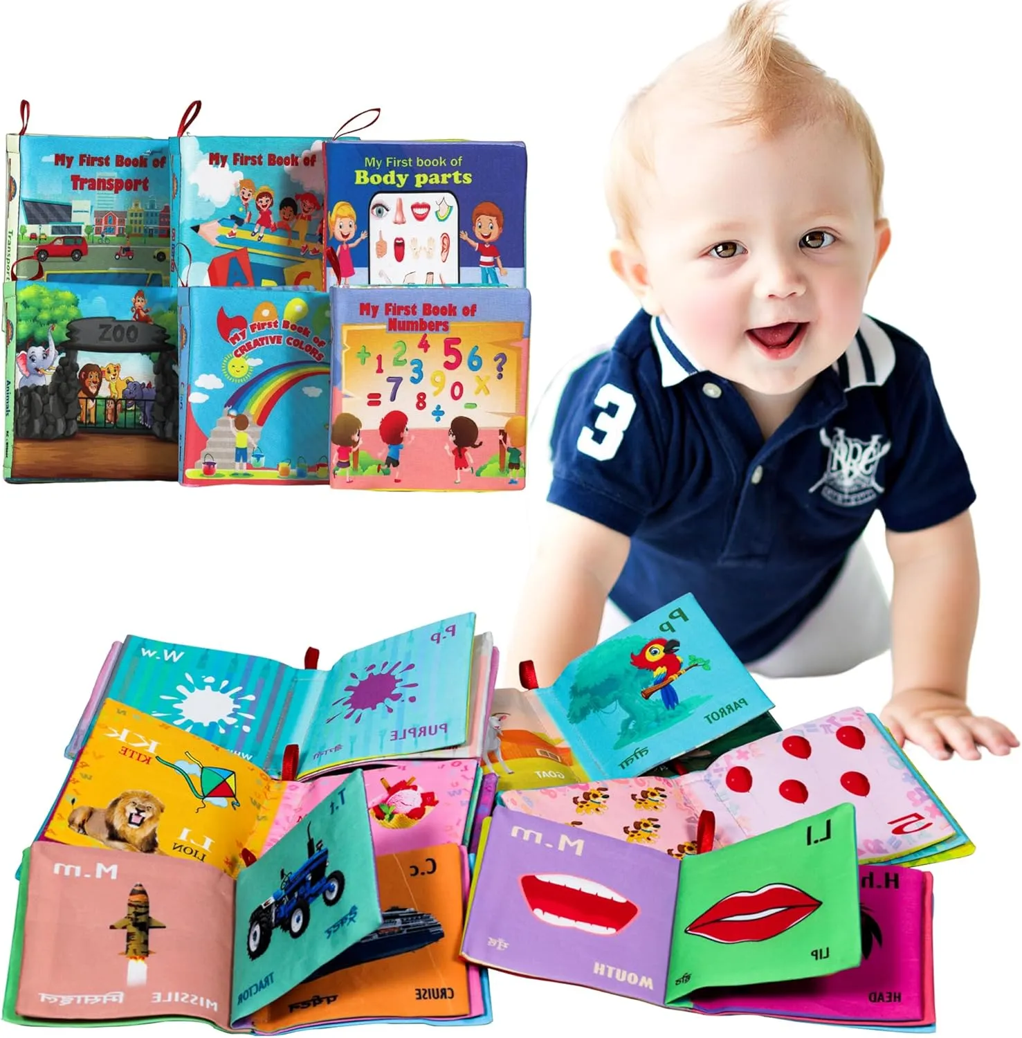 Baby First Soft Book,teytoy Nontoxic Fabric Baby Cloth Books Early Education Toys Activity Crinkle Cloth Book for Toddler, Infants and Kids Perfect for Baby Shower (Pack of 6)