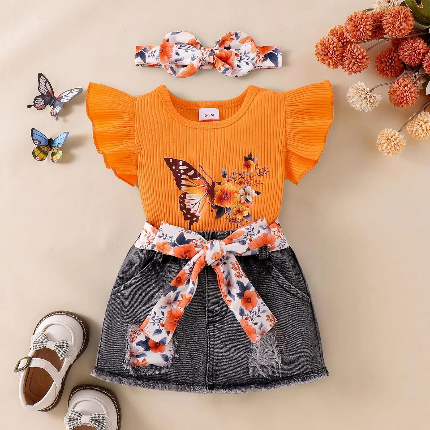 Baby Girl Summer Clothes Cute Butterfly Printed Romper   Denim Skirt   Headband 3pcs Shorts Set 0-18 Months