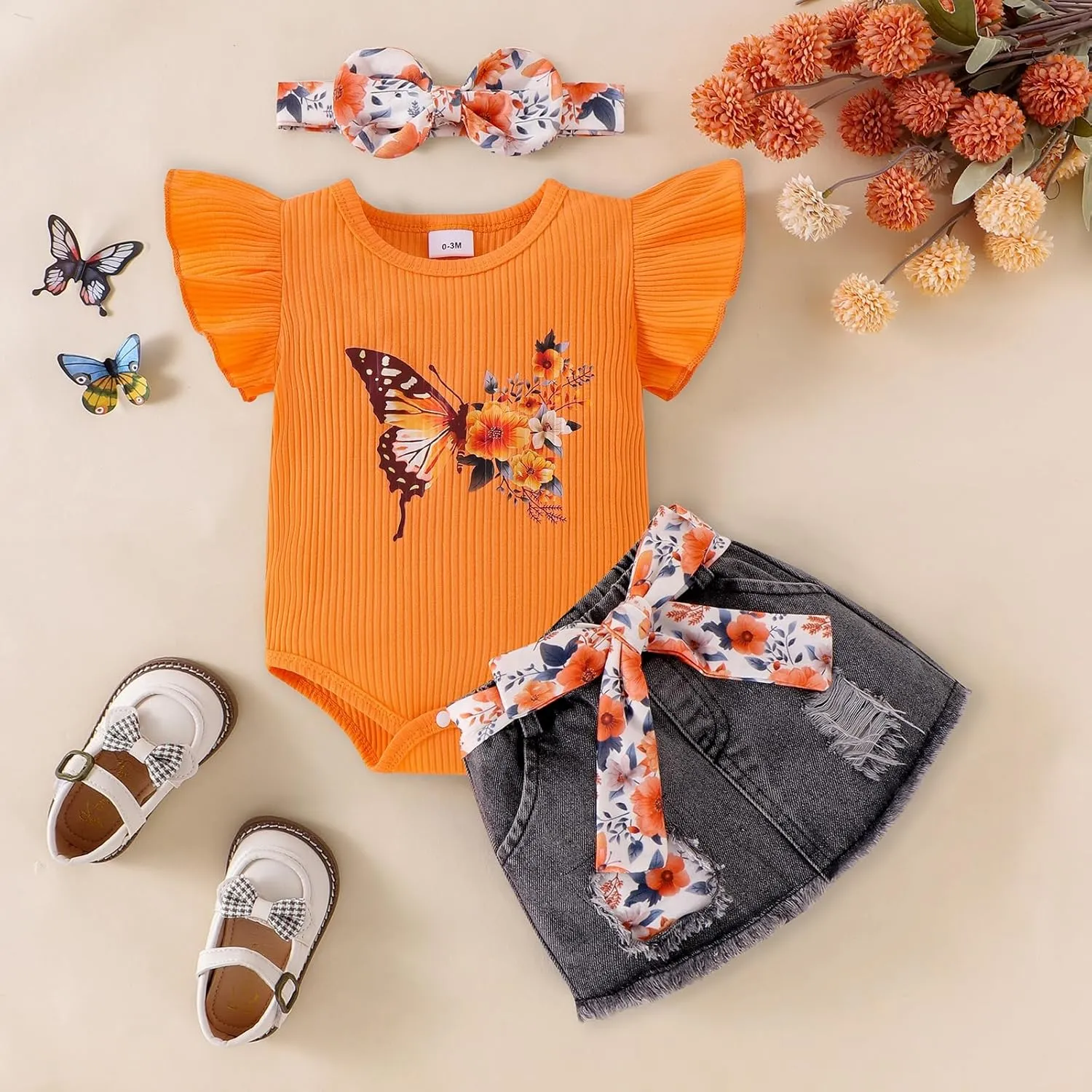 Baby Girl Summer Clothes Cute Butterfly Printed Romper   Denim Skirt   Headband 3pcs Shorts Set 0-18 Months