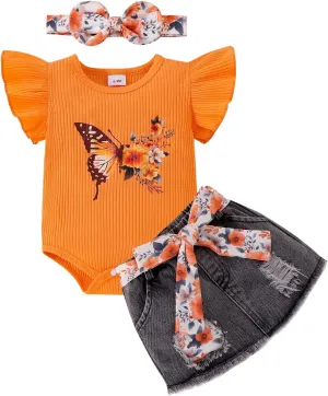 Baby Girl Summer Clothes Cute Butterfly Printed Romper   Denim Skirt   Headband 3pcs Shorts Set 0-18 Months