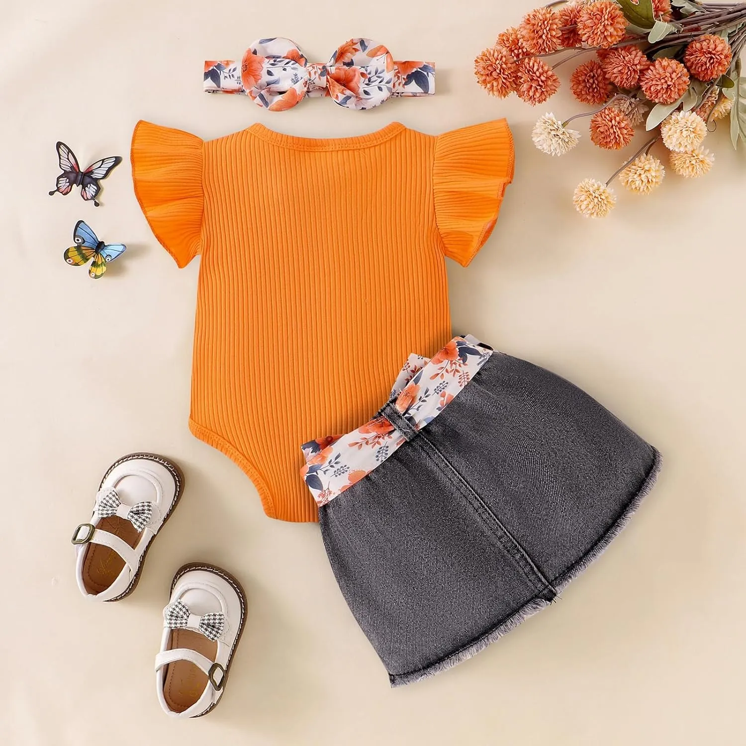 Baby Girl Summer Clothes Cute Butterfly Printed Romper   Denim Skirt   Headband 3pcs Shorts Set 0-18 Months