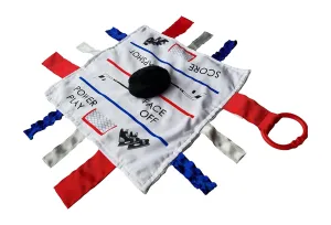 Baby Jack & Co 10x10” Hockey Sports Lovey Sensory Plush Blanket - Tag Toys for Babies - Baby Stroller Toys - Learn Shapes, Letters & Colors - MVP Baby Puck Toy & Baby Sports Gift w/Stroller Clip