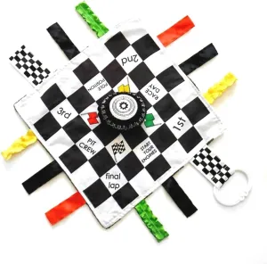 Baby Jack & Co 10x10” Racing Sports Lovey Sensory Plush Blanket - Tag Toy for Babies - Baby Stroller Toys - Learn Shapes, Letters & Colors - MVP Baby Tire Toy & Baby Sports Gift w/Stroller Clip