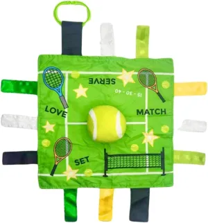 Baby Jack & Co 10x10” Tennis Sports Lovey Sensory Plush Blanket - Tag Toys for Babies - Baby Stroller Toys - Learn Shapes, Letters & Colors - Perfect MVP Baby Toy & Baby Sports Gift w/Stroller Clip