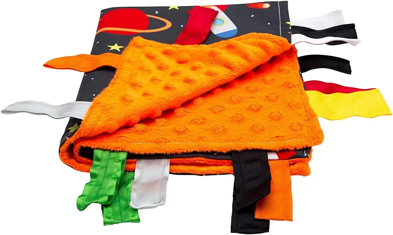 Baby Sensory, Security & Teething Closed Ribbon Tag Lovey Blanket with Minky Dot Fabric: 14X18 (Outer Space)