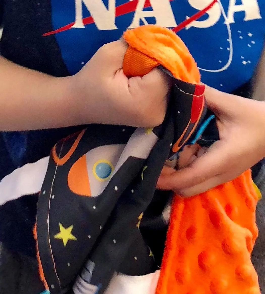 Baby Sensory, Security & Teething Closed Ribbon Tag Lovey Blanket with Minky Dot Fabric: 14X18 (Outer Space)