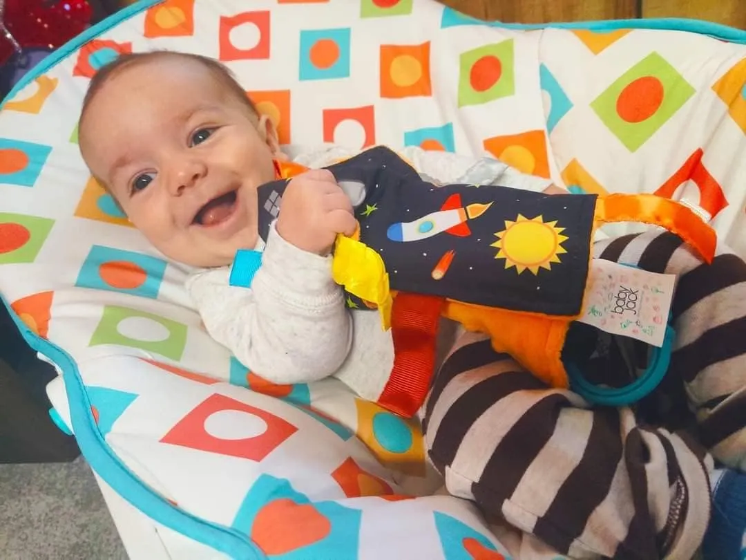 Baby Sensory, Security & Teething Closed Ribbon Tag Lovey Blanket with Minky Dot Fabric: 14X18 (Outer Space)
