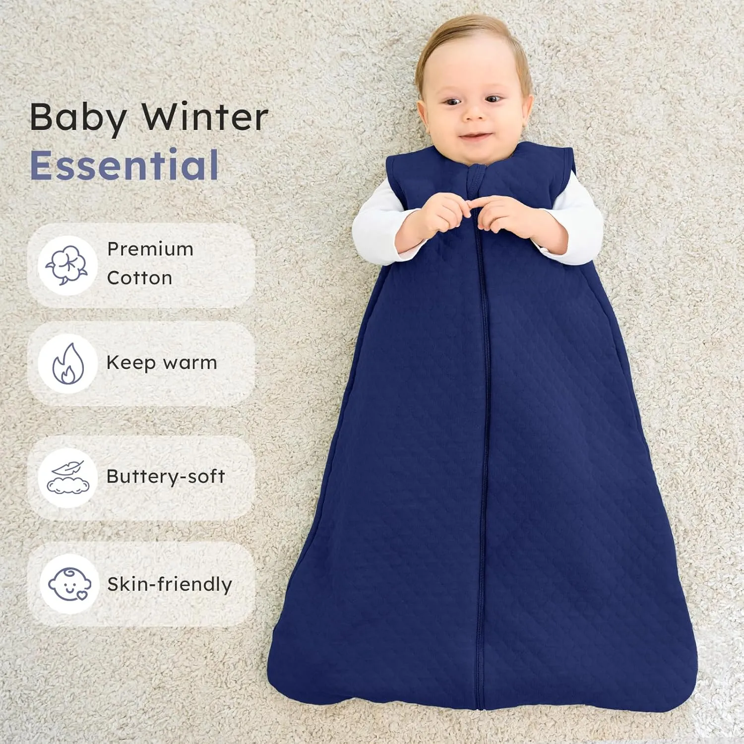Baby Sleep Sack 6-12 Months 2.5 TOG, Winter Cotton Sleep Sacks Newborn and Infant, Warm Quilted Baby Wearable Blanket, Newborn Sleeping Bag with 2-Way Zipper Blue 1 Pack