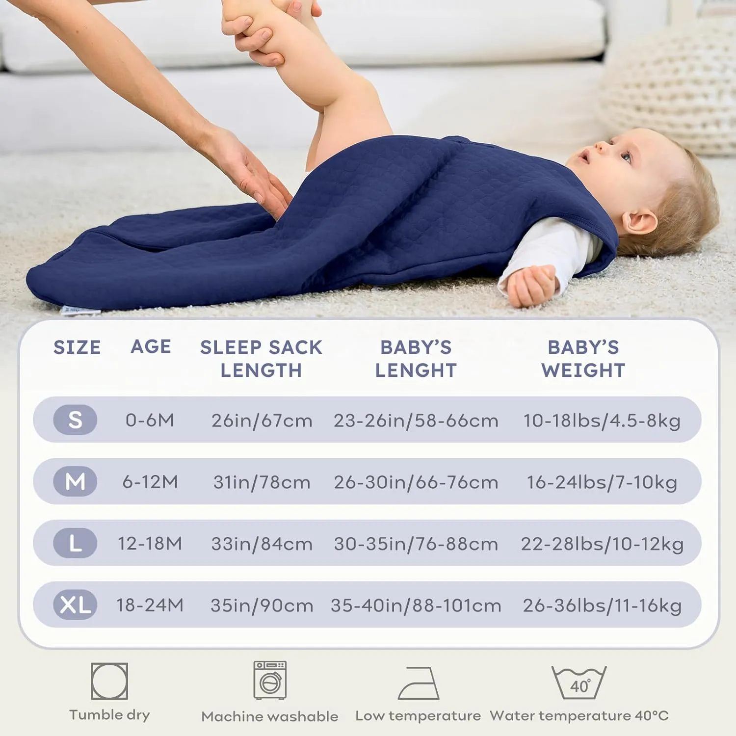 Baby Sleep Sack 6-12 Months 2.5 TOG, Winter Cotton Sleep Sacks Newborn and Infant, Warm Quilted Baby Wearable Blanket, Newborn Sleeping Bag with 2-Way Zipper Blue 1 Pack