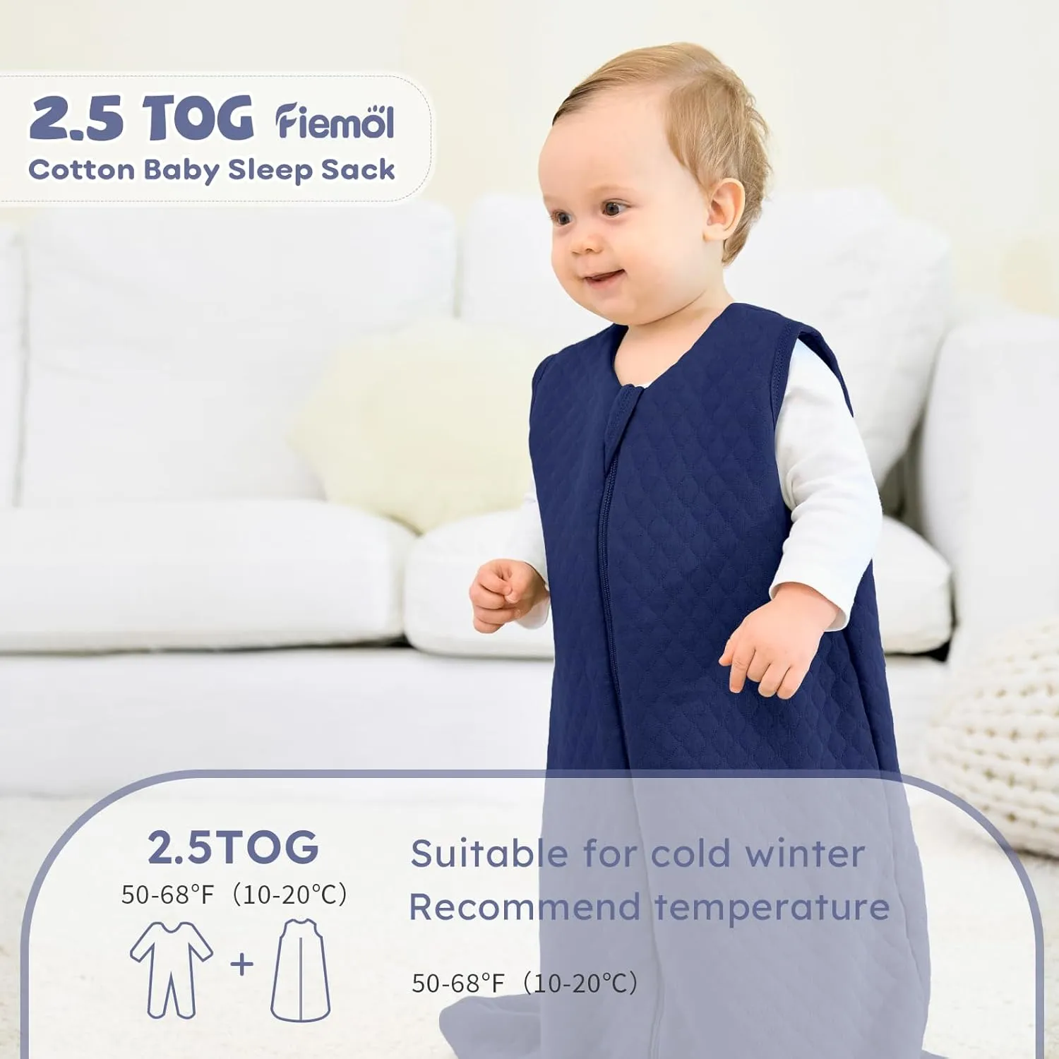 Baby Sleep Sack 6-12 Months 2.5 TOG, Winter Cotton Sleep Sacks Newborn and Infant, Warm Quilted Baby Wearable Blanket, Newborn Sleeping Bag with 2-Way Zipper Blue 1 Pack