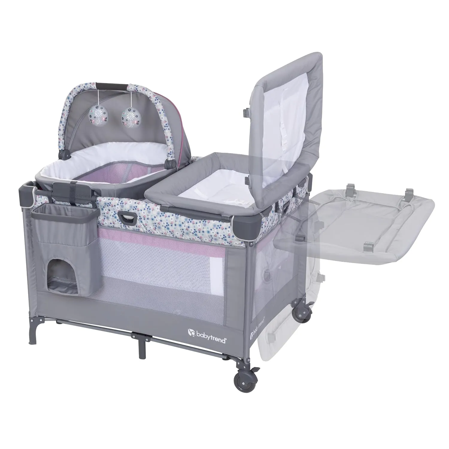 Baby Trend Nursery Den Playard with with Rocking Cradle, Snooze Pod, Flip Over Changer, Daisy Pink