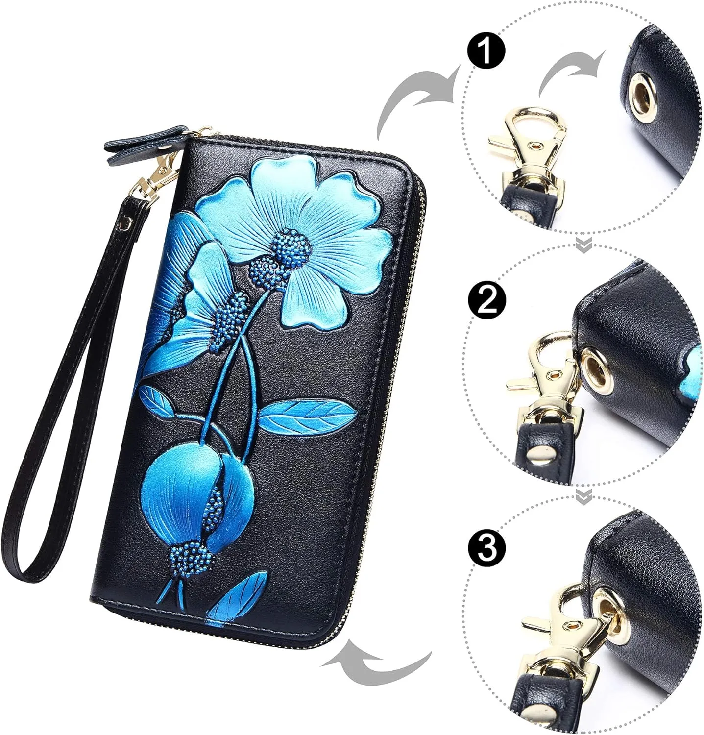 Badiya Womens Wallet Credit Card Holder RFlD Blocking Leather Zip Around Wallets Large Capacity Wristlet