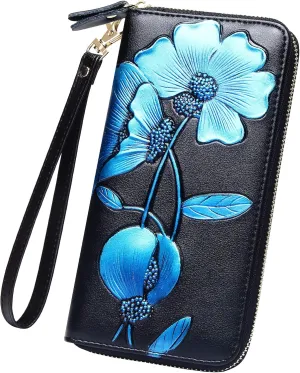 Badiya Womens Wallet Credit Card Holder RFlD Blocking Leather Zip Around Wallets Large Capacity Wristlet