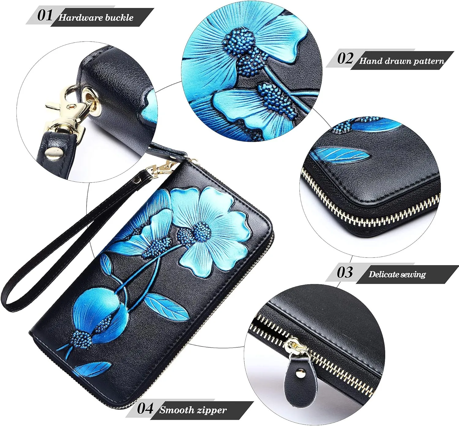 Badiya Womens Wallet Credit Card Holder RFlD Blocking Leather Zip Around Wallets Large Capacity Wristlet