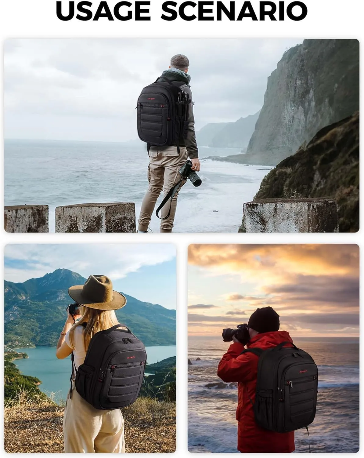 BAGSMART Camera Backpack, Expandable DSLR SLR Camera Bags for Photographers, Photography Travel Backpack with 15.6" Laptop Compartment, Rain Cover & Tripod Holder, Black