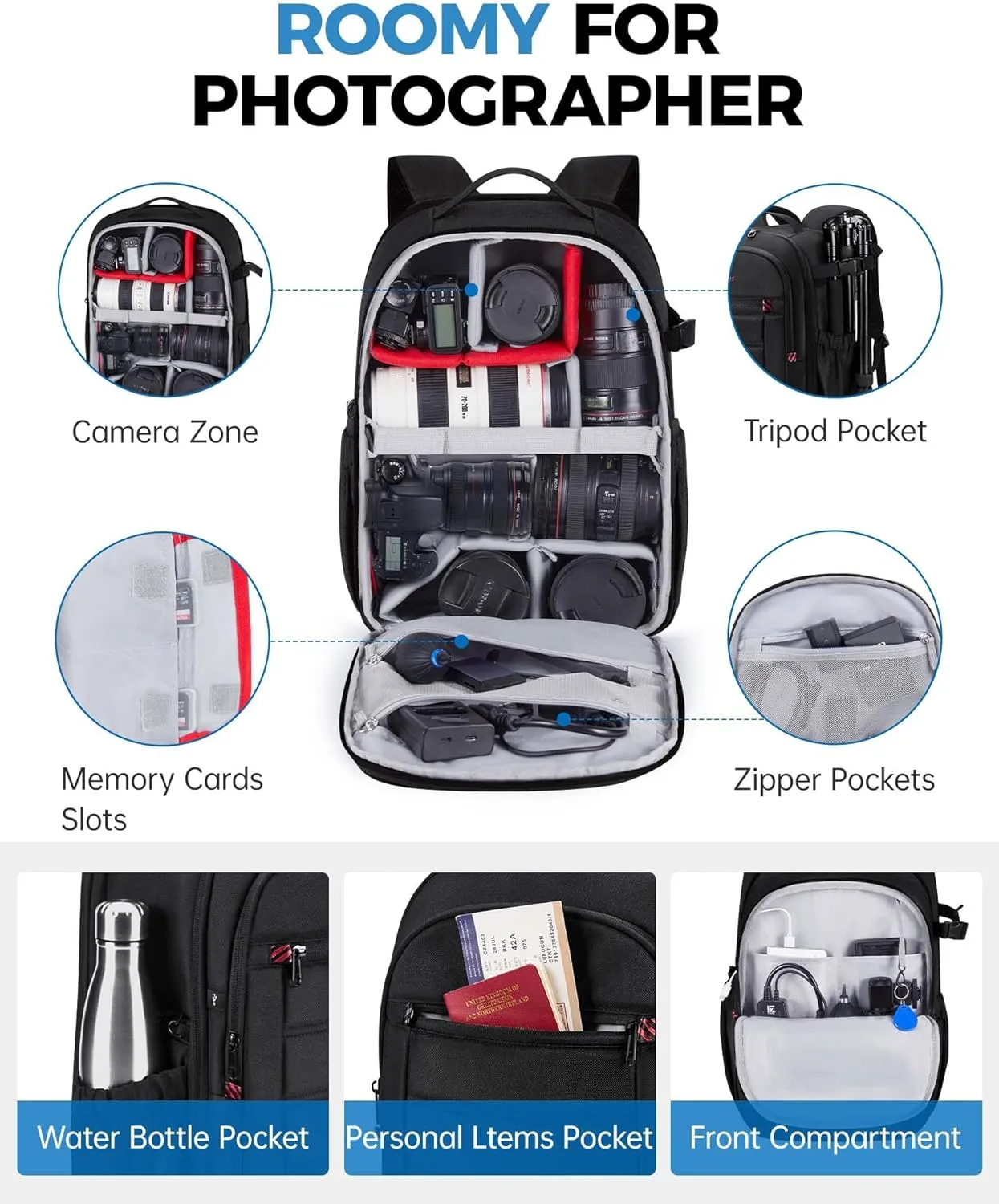 BAGSMART Camera Backpack, Expandable DSLR SLR Camera Bags for Photographers, Photography Travel Backpack with 15.6" Laptop Compartment, Rain Cover & Tripod Holder, Black