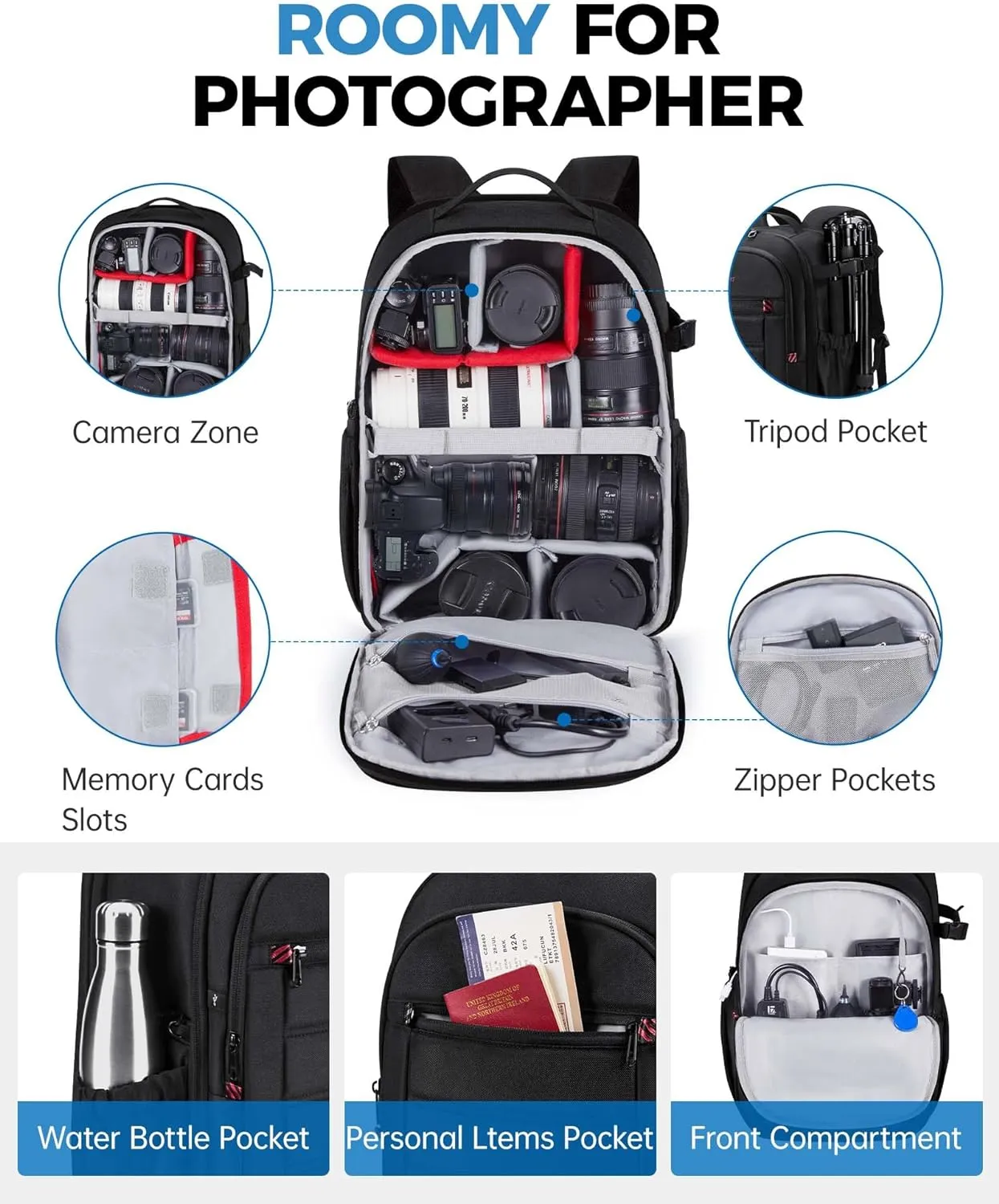 BAGSMART Camera Backpack, Expandable DSLR SLR Camera Bags for Photographers, Photography Travel Backpack with 15.6" Laptop Compartment, Rain Cover & Tripod Holder, Black