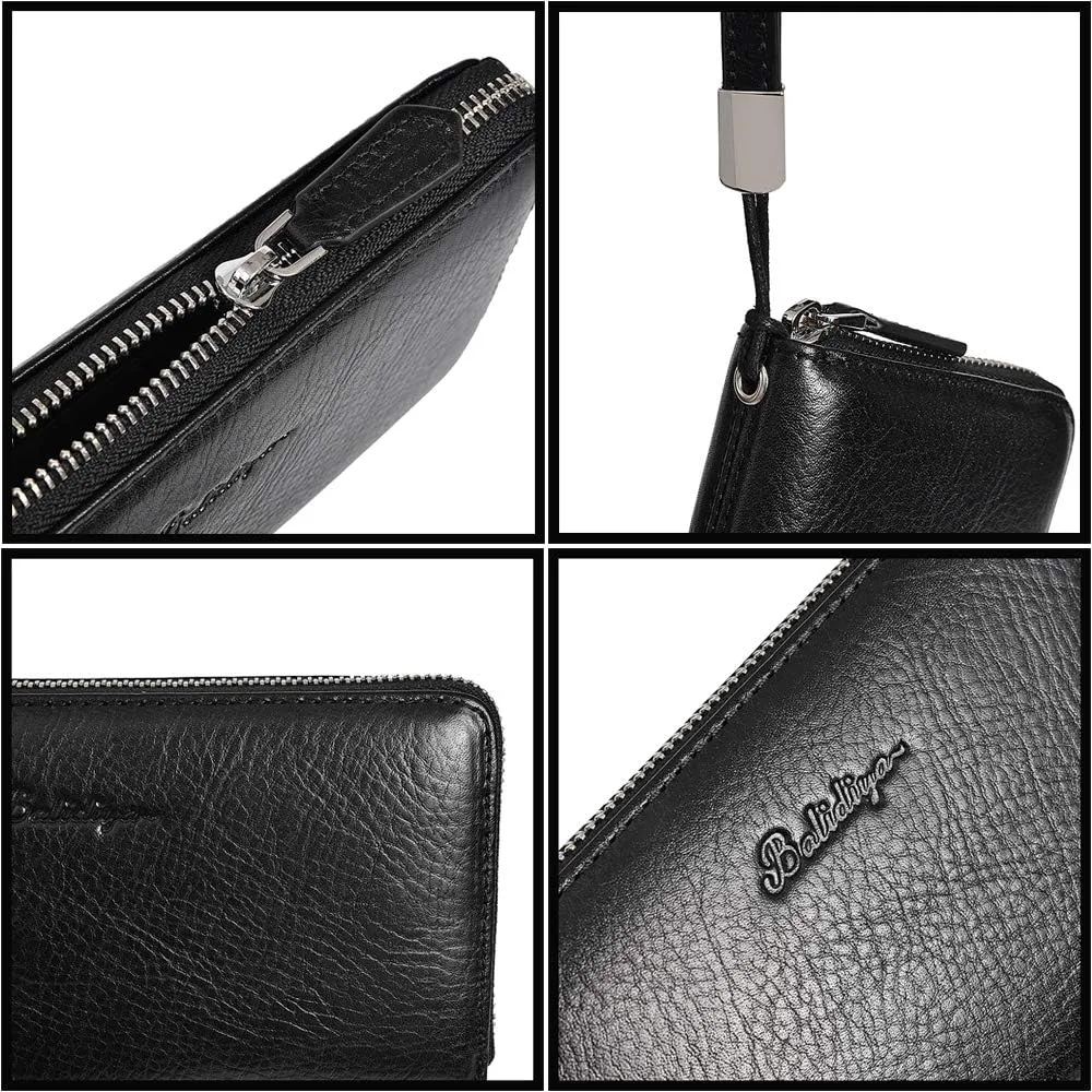 BALIDIYA Men Clutch Purse Genuine Leather Wallets Wristlet Slim Bags Card Holder Organizer Handbags, Black-small