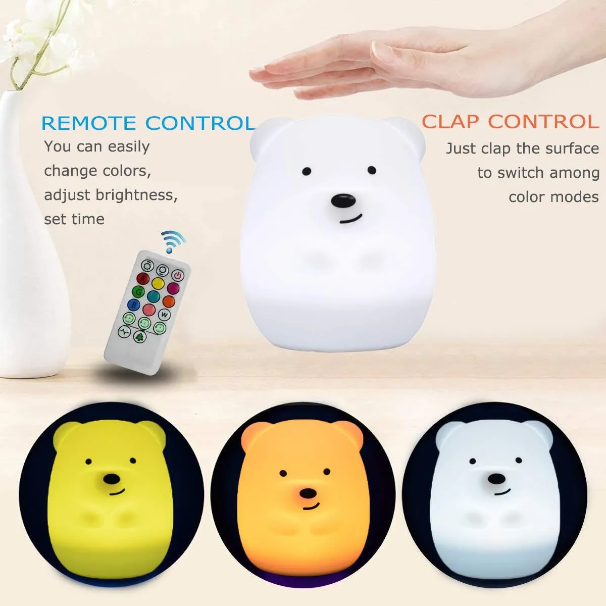 Bear Night Lights for Kids, Bedside lamp for Children, Baby Nursery Light - Break Resistant/Eye Caring/Adjustable Brightness Color/Time Setting/Gifts for Kids Babies Boys Girls - Medium