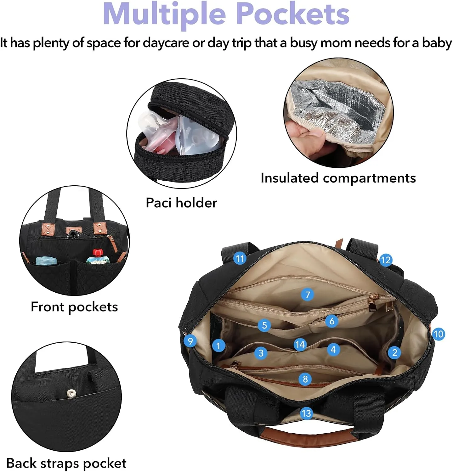 Beaulyn Diaper Bag Tote,Large Diaper Bag with Pacifier Case & Changing Pad,Waterproof Baby Bags with Shoulder Straps & Stroller Straps for Mom Dad