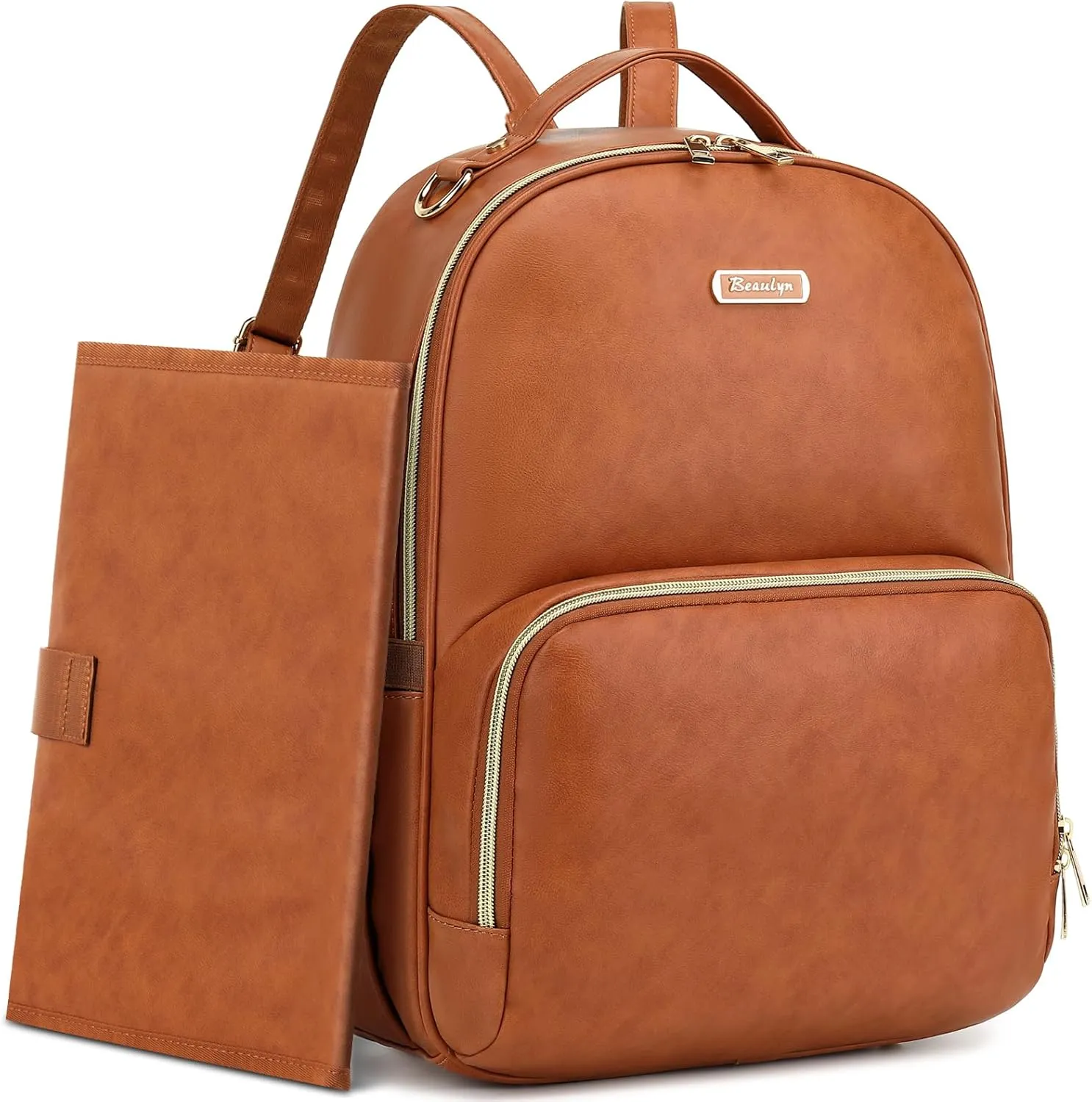 Beaulyn Leather Diaper Bag Backpack - Large Capacity Baby Essentials Travel Bag with Changing Pad, Multi-function Waterproof Brown Diaper Backpack