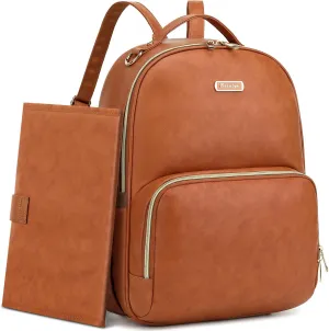 Beaulyn Leather Diaper Bag Backpack - Large Capacity Baby Essentials Travel Bag with Changing Pad, Multi-function Waterproof Brown Diaper Backpack