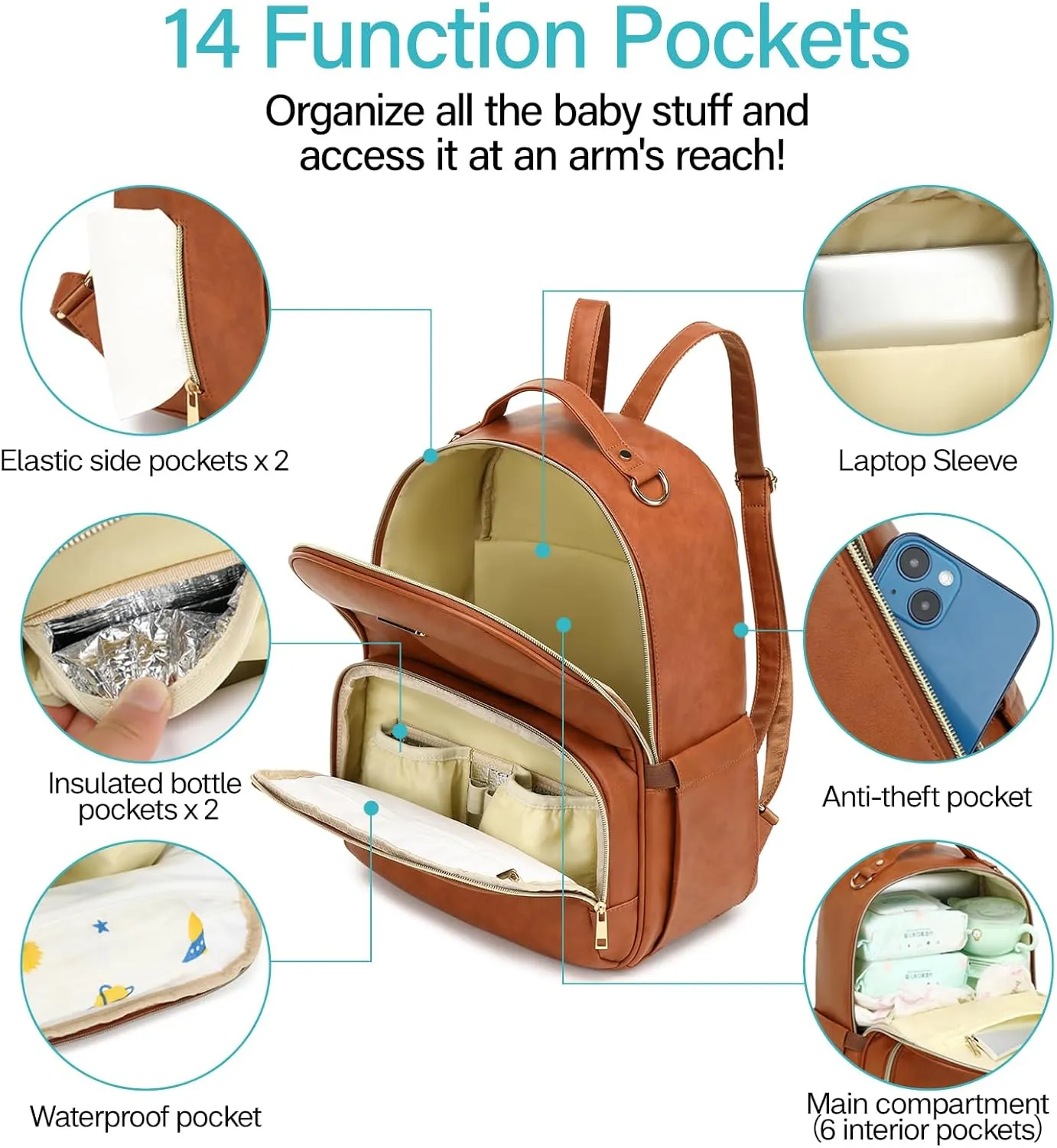 Beaulyn Leather Diaper Bag Backpack - Large Capacity Baby Essentials Travel Bag with Changing Pad, Multi-function Waterproof Brown Diaper Backpack