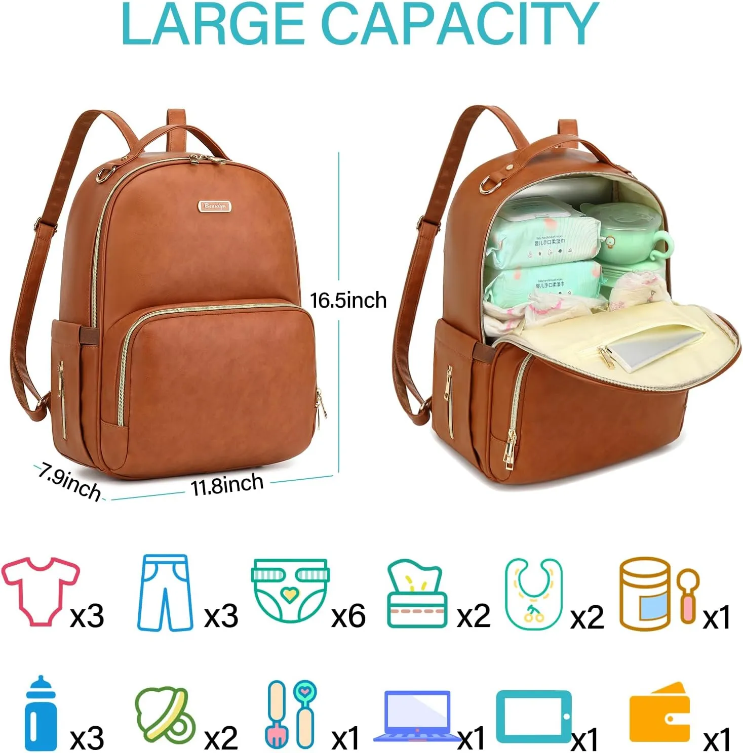 Beaulyn Leather Diaper Bag Backpack - Large Capacity Baby Essentials Travel Bag with Changing Pad, Multi-function Waterproof Brown Diaper Backpack
