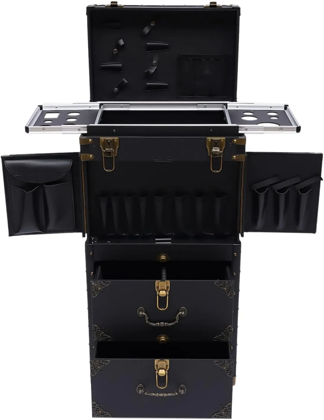 Beauty Salon Luggage,Rolling Lockable Makeup Train Case, Hairdressing Trolley Stylist Beauty Salon Cosmetic Luggage Travel Organizer Tool Box with Hair Dryer Holder