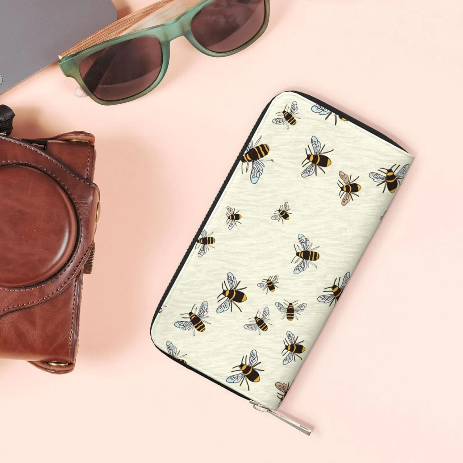 Bees Pattern Wallet for Men Women Elegant Long Clutch Zip Around Travel Leather Coin Purse Large Capacity Credit Card Holder Handbag