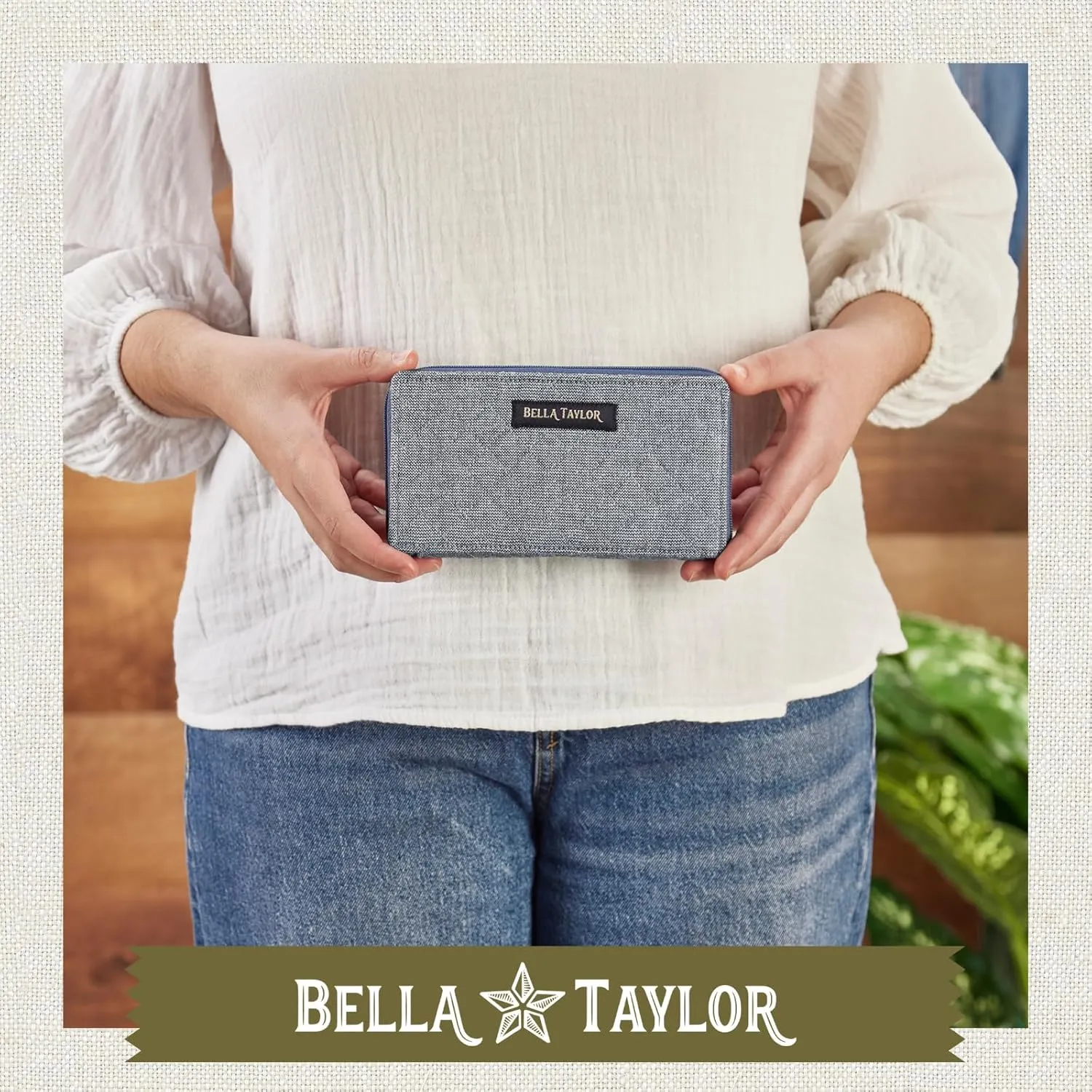 Bella Taylor Slim Card Wallet for Women | Quilted Cotton Fabric Zip Around Credit Card Wallet with RFID Protection | Blue Chambray
